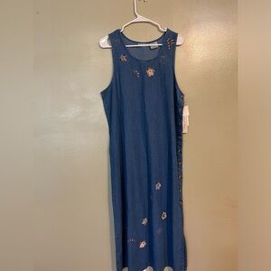 Victoria Jones Womens Fall  Embroidery 100% Cotton Denim Blue Maxi Dress M NWT